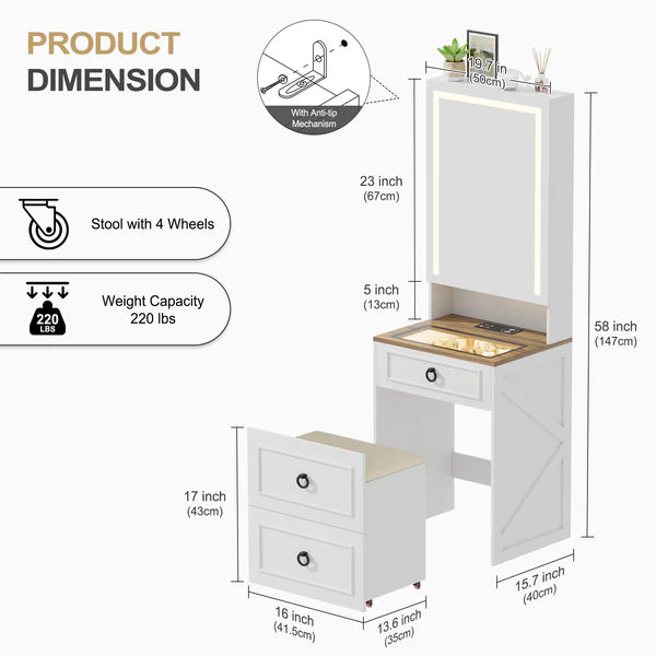 Tocador 3 in 1 con specchio LED e sgabello con contenitore