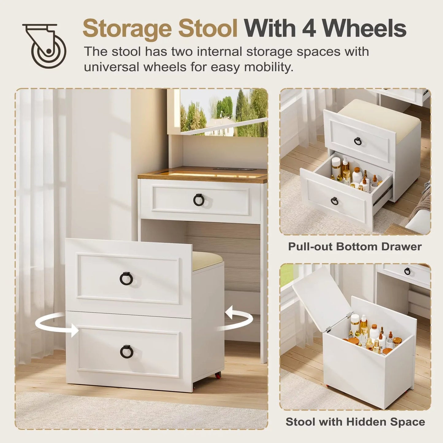 Tocador 3 in 1 con specchio LED e sgabello con contenitore