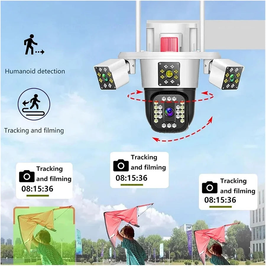 Telecamera di sorveglianza intelligente a rotazione con tre teste